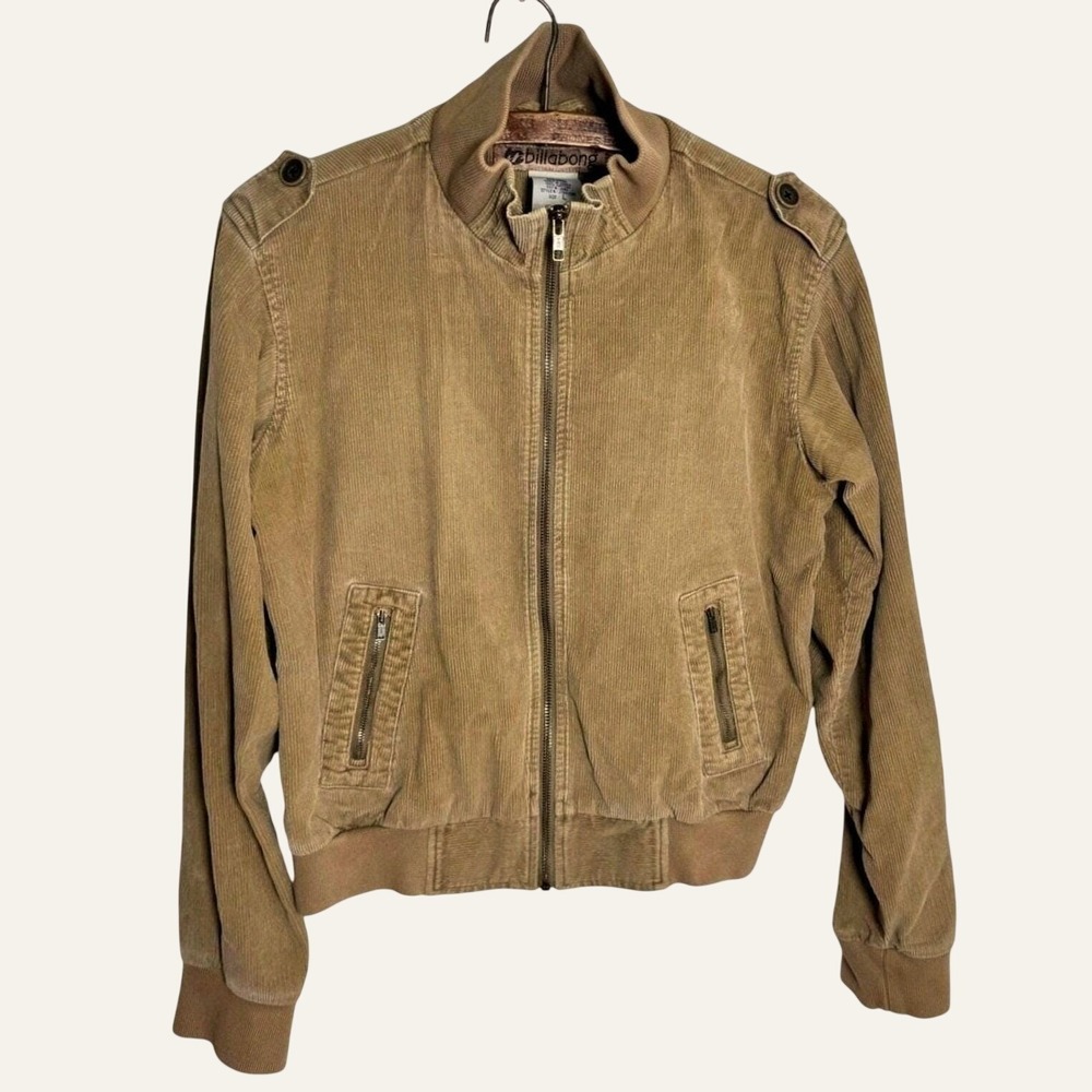 Billabong Y2K Corduroy Bomber Jacket Women's L Tan Epaulettes Korea - Picture 2 of 5